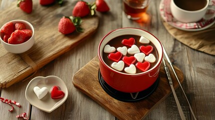 A romantic fondue set with dipping fruits and heart-shaped marshmallows