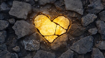 Glowing cracked heart shape embedded in stone ground.