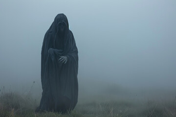 Scary grim reaper with sharp scythe in hell with dark dramatic color, abstract vivid composition consists of fictional unreal fantastic vision on background