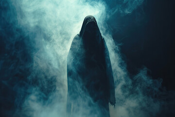 Scary grim reaper with sharp scythe in hell with dark dramatic color, abstract vivid composition consists of fictional unreal fantastic vision on background
