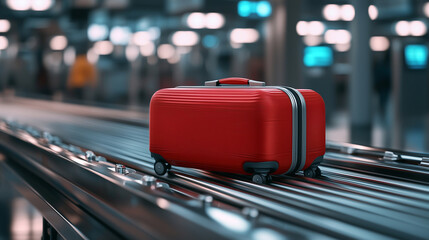 A close-up of a vibrant red suitcase with a glossy finish moving along the conveyor belt at the airport, its wheels perfectly aligned, as silver mechanisms beneath the belt shine u