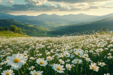 Serene Daisy Field Mountain Meadow Sunset Landscape
