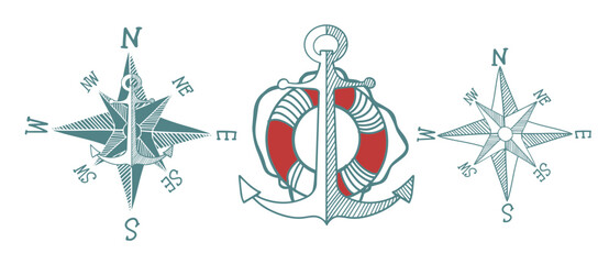 Set of marine symbols wind rose and anchor. Not AI, Vector illustration