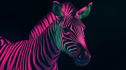 Neon futuristic zebra portrait with glowing stripes, vibrant pink and green hues, futuristic lighting, black background, high detail