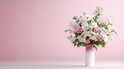 Obraz premium Elegant Floral Arrangement in Soft Pink Background with White and Pink Roses and Greenery