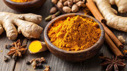 Vibrant Ground Turmeric Powder Surrounded by Fresh Ginger, Whole Spices, and Cinnamon Sticks on Rustic Wooden Table for Culinary and Wellness Concepts