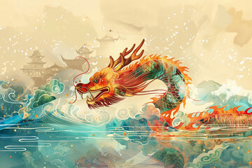 Obraz premium Beautiful holiday composition for happy celebrate chinese dragon boat festival, abstract vivid composition consists of fictional unreal fantastic vision on background