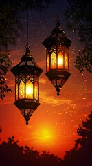 Glowing Ramadan lanterns under a stunning sunset background, peaceful evening atmosphere, extra space is provided for text