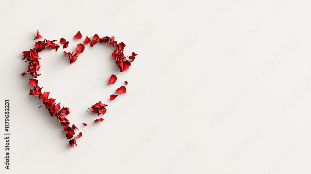 Poster heart shape created with beautiful red rose petals on a soft textured background