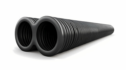 Black corrugated pipe, wide angle view, isolated white background, industrial drainage, plumbing supply. Shadowmoss. Illustration