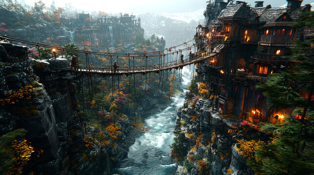 Fototapeta Enchanted Valley: A Fantasy Landscape with a Cliffside Village and Rope Bridge
