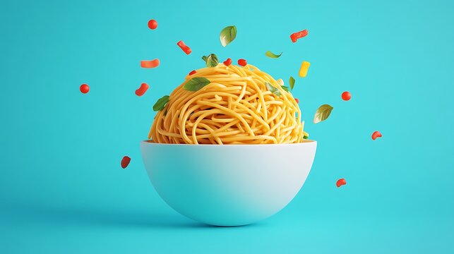 Whimsical 3D Depiction of a Bowl Filled with Spaghetti, Colorful Ingredients, and Floating Vegetables on a Bright Background
