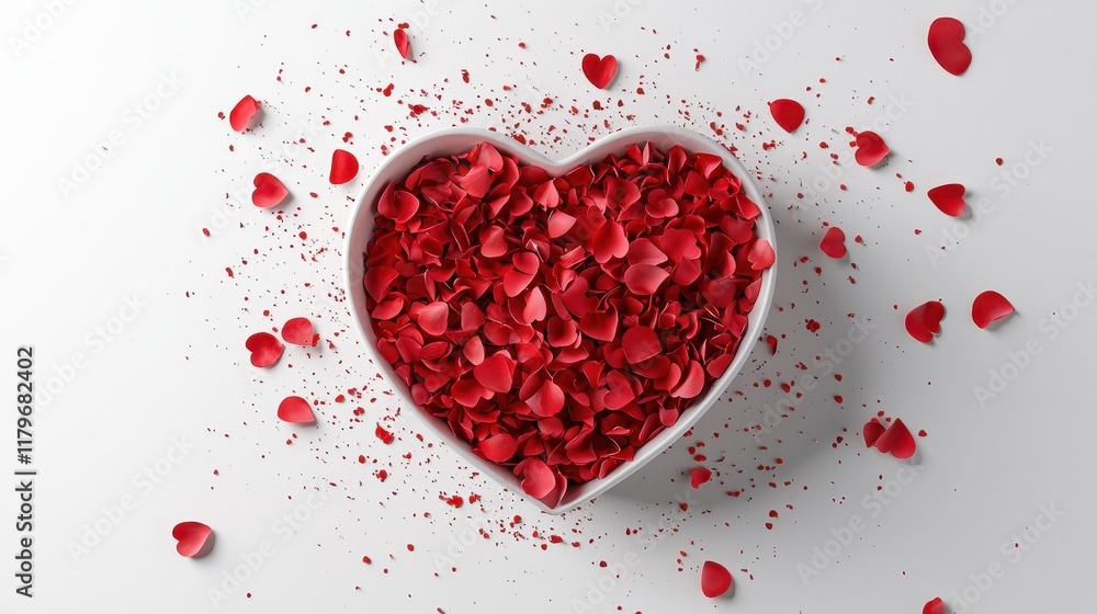 Poster heart-shaped box filled with red petals and surrounding scatter on soft white background