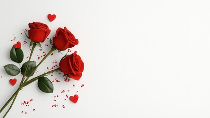 Elegant Arrangement of Red Roses with Heart Shapes on a Minimalist White Background for Valentine's Day