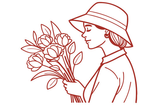 woman smelling flowers, red line art clip art preview