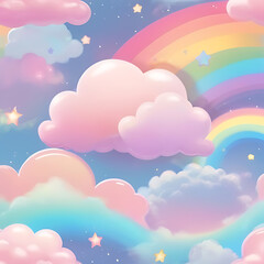 A vibrant cosmic cloudscape with nebula, stars, and fluffy clouds