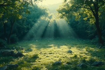 Sunbeams in Lush Green Forest Tranquil Nature Scene