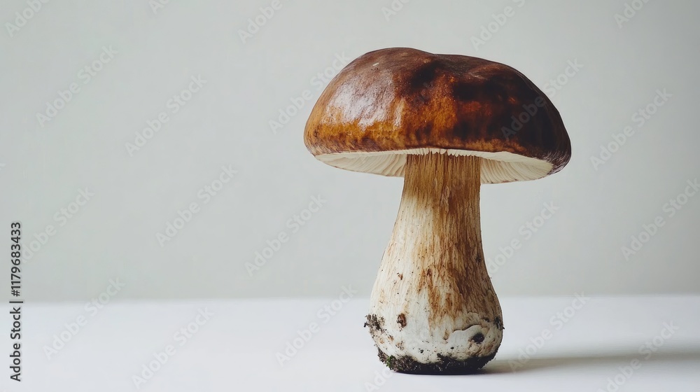 Poster bolete mushroom displayed against a clean white background highlighting its unique shape and texture