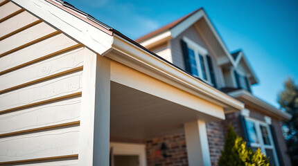 Fototapeta premium Close-up of a house's off-white vinyl siding, white gutters, and portion of a covered porch. A blurred-background shows a larger, multi-story house with brick and beige siding.