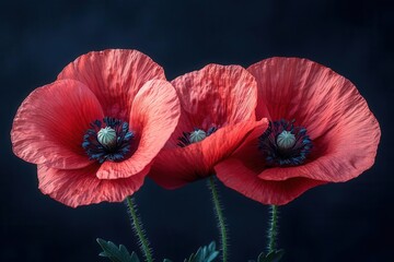 striking red poppies dancing in moonlight dramatic botanical study of three delicate flower blooms with textured petals against deep midnight background