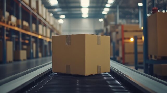 Cardboard box transported on conveyor belt in a spacious warehouse environment showcasing logistics and supply chain operations