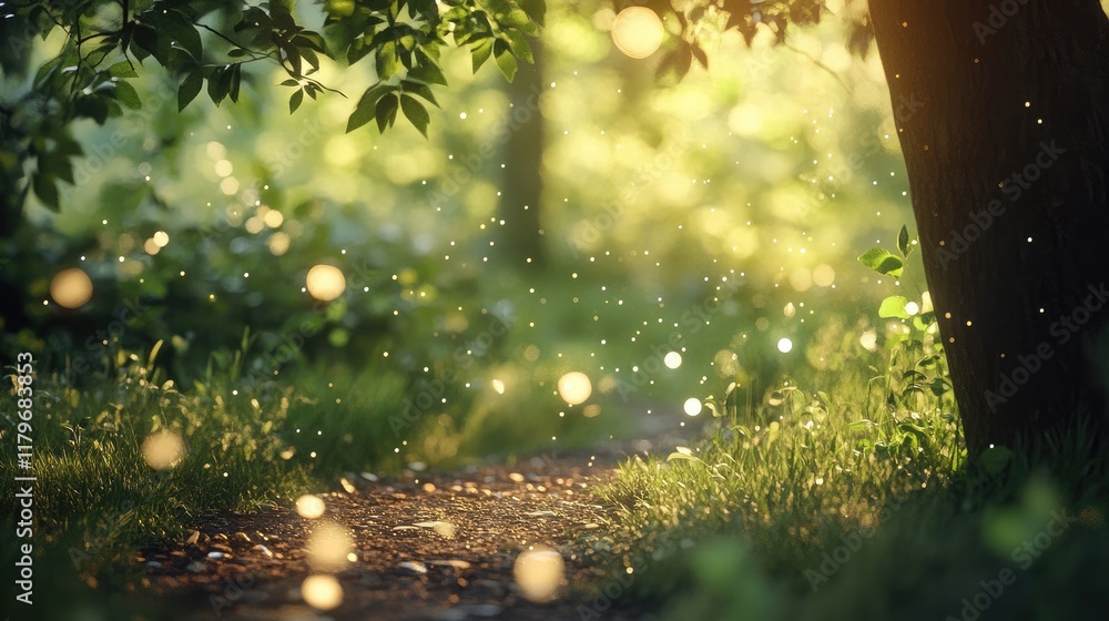 Poster enchanting forest path illuminated by soft bokeh lights creating a magical and serene atmosphere in 