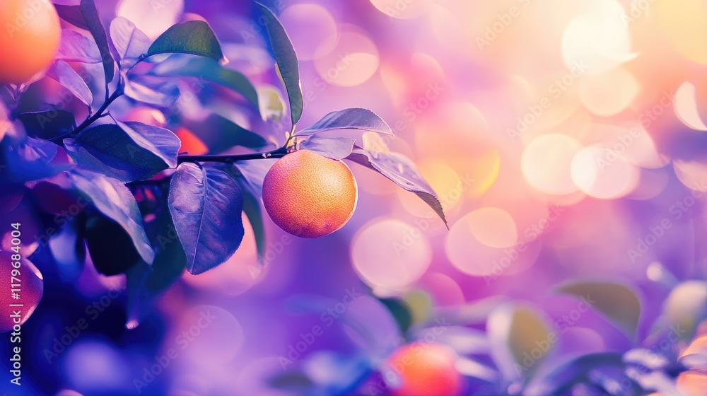 Poster purple bokeh light background with orange fruit on tree branches creating a dreamy and vibrant atmos