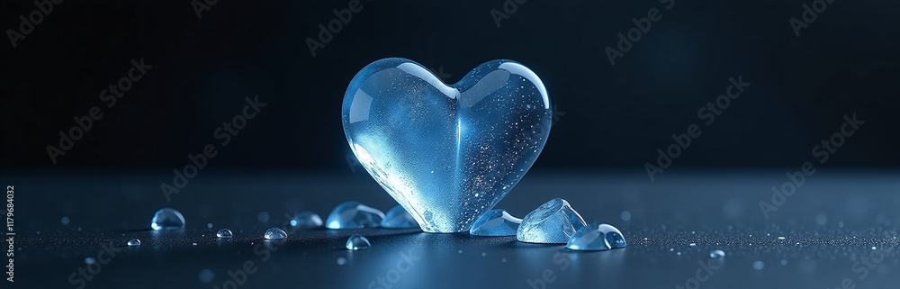 Aufkleber A Delicate Blue Heart Made Of Melting Ice Appears Fragile Yet Striking Against A Dark And Solid Black Backdrop Slowly. 00003
