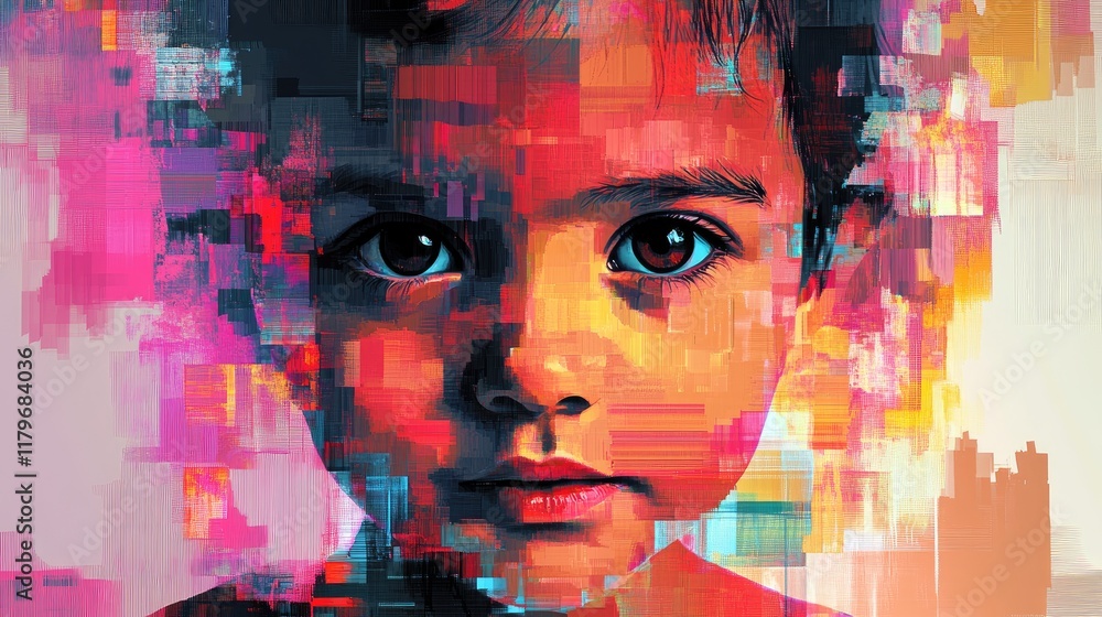 Poster digital art portrait of a child created with abstract programming techniques in vivid colors and eff