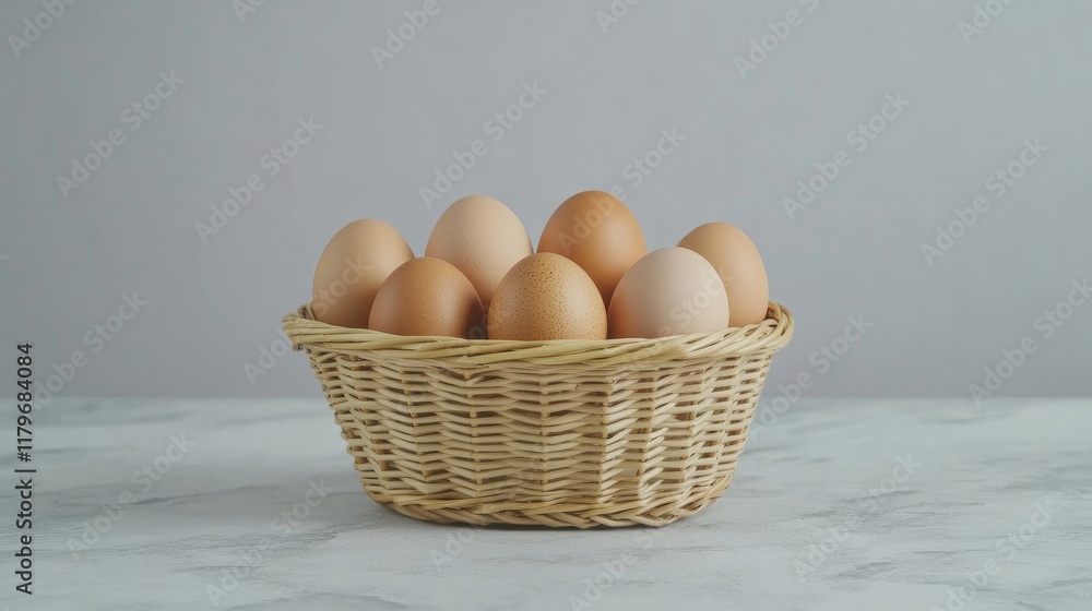 Poster basket of assorted brown eggs on a marble table with grey background offering empty space for text o