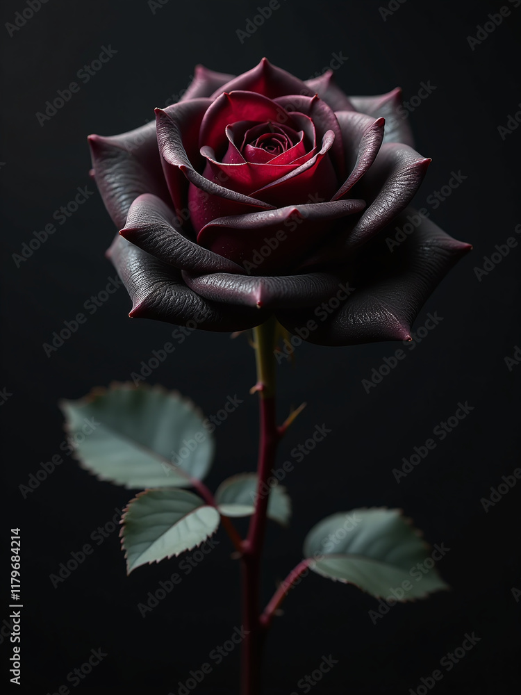 Poster a delicate black rose blooms in isolation on a dark background with red droplets and ample copy spac