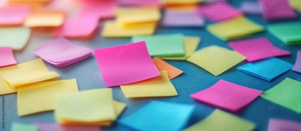 Poster colorful sticky notes scattered on a workspace surface for creative brainstorming and collaborative 