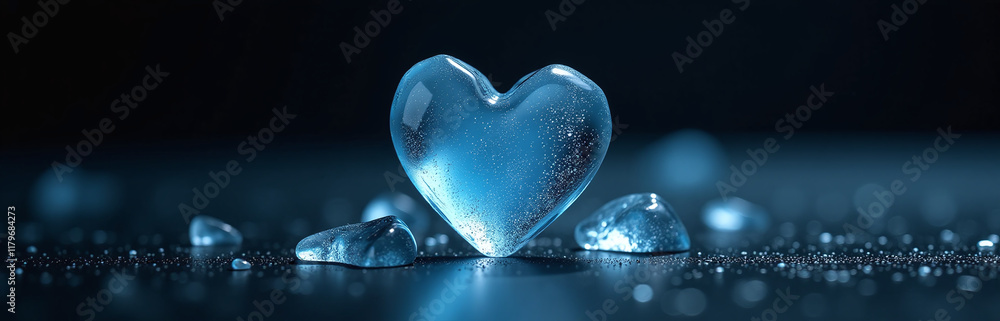 Aufkleber A Delicate Blue Heart Made Of Melting Ice Appears Fragile Yet Striking Against A Dark And Solid Black Backdrop Slowly. 00001