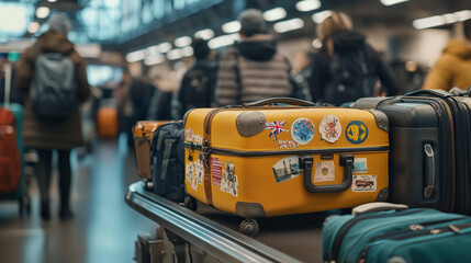 A stack of luggage of varying sizes and colors on a busy airport baggage belt, with a zoomed-in view highlighting a bright yellow suitcase adorned with travel stickers from around