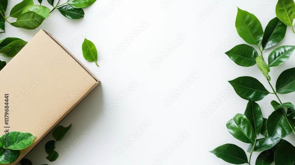 Poster cardboard box with green leaves on a white background featuring ample copy space for branding and te