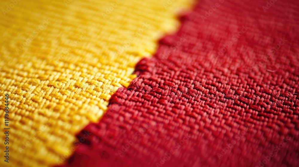 Poster close up macro shot of textured red and yellow fabric highlighting intricate weave for elegant backg