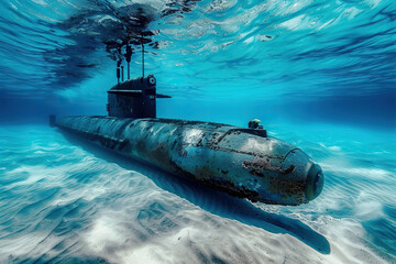 Beautiful large submarine floating in middle of deep ocean during mission, abstract vivid composition consists of fictional unreal fantastic vision on background