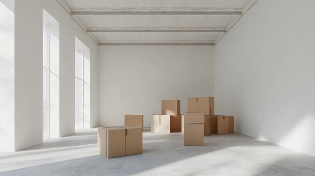 Cardboard Moving Boxes in Empty Room with Bright Light and Neutral Tones Ideal for Relocation and Packing Concepts