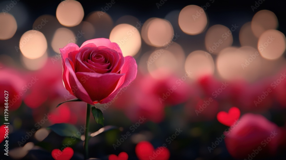 Poster single beautiful rose in foreground with blurred hearts and soft bokeh background effect in garden