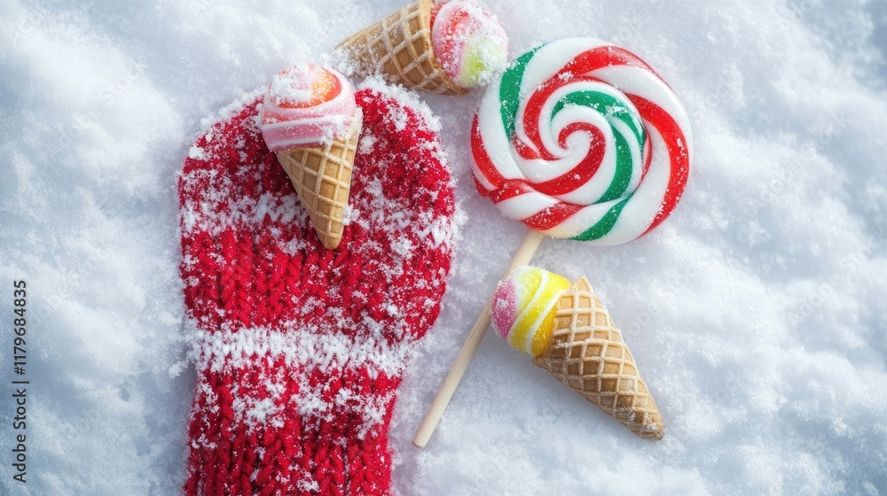 Aufkleber red mitten with colorful lollipops and candy cones in snowy landscape creating a festive winter trea