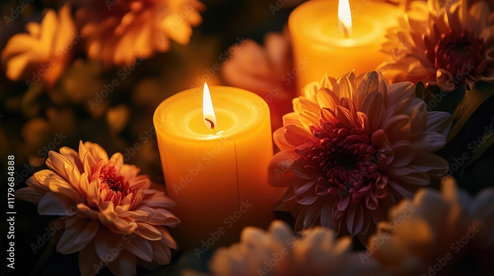 Poster warm candlelight illuminating vibrant chrysanthemums in a serene nighttime setting creating a tranqu