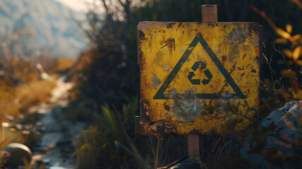 Warning Sign Near Contaminated Area: A visible environmental hazard warning sign near a hazardous site, alerting the public to potential health risks.