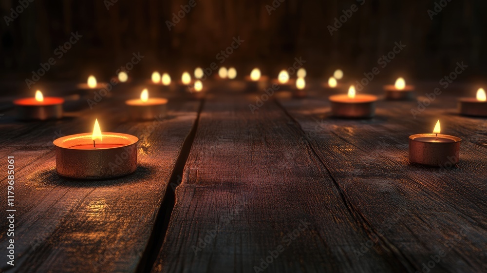 Poster soothing ambiance of candles illuminating a rustic wooden table in a dimly lit setting creating a wa