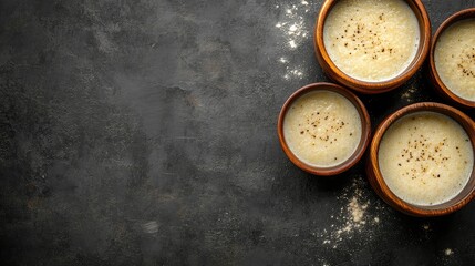 Cacio e Pepe Pasta Sauce in Bowls Traditional Roman Cuisine with Empty Space for Text on Dark Background