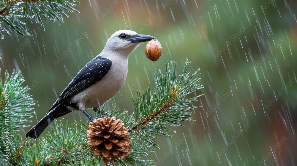 Poster clark's nutcracker perched on evergreen tree branch holding a pine nut in its beak during a rainy da