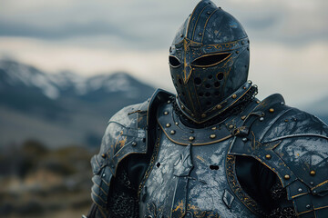 Fantastic beautiful royal knight in iron armor guards castle chambers, abstract vivid composition consists of fictional unreal fantastic vision on background