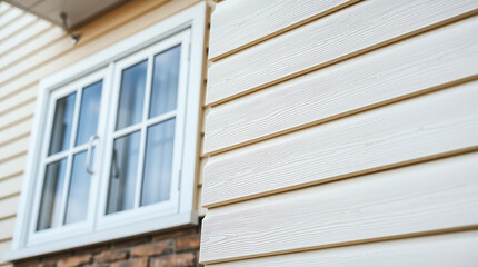 House Exterior Detail: Off-White Siding and White Double-Hung Window