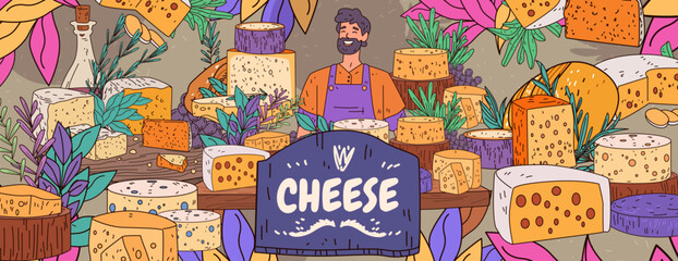 Cheese variety display with smiling vendor surrounded by colorful cheese wheels herbs and decorative elements. Vibrant market scene with rustic charm