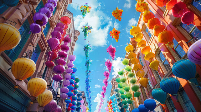 Festive Pride Decorations: Buildings adorned with rainbow decorations during a pride parade, creating an atmosphere of joy and unity.