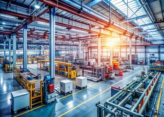 Industrial Factory Interior: Machinery and Production Line with Copy Space